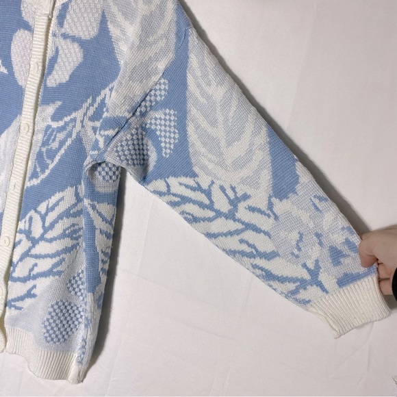 Vintage Blue White Leaf Print Jacquard Button Up Cardigan M - Picture 7 of 14